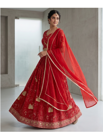 Red Bridal Lehenga Choli with Golden Embroidery & Dupatta 2