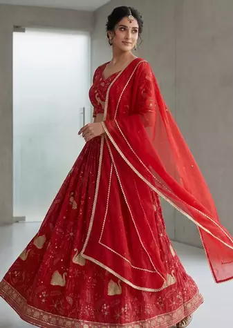 Red Bridal Lehenga Choli with Golden Embroidery & Dupatta