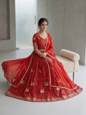 Red Bridal Lehenga Choli with Golden Embroidery & Dupatta 3