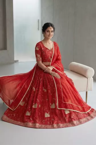 Red Bridal Lehenga Choli with Golden Embroidery & Dupatta