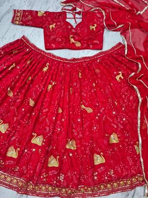 Red Bridal Lehenga Choli with Golden Embroidery & Dupatta 5