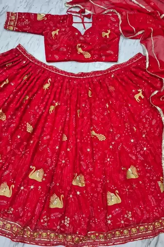 Red Bridal Lehenga Choli with Golden Embroidery & Dupatta