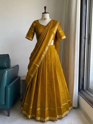 Mustard Viscose Georgette Zari Weaving Border With all over Chex with Hand dying Lehenga Choli with Dupatta 3