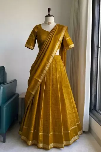Mustard Viscose Georgette Zari Weaving Border With all over Chex with Hand dying Lehenga Choli with Dupatta