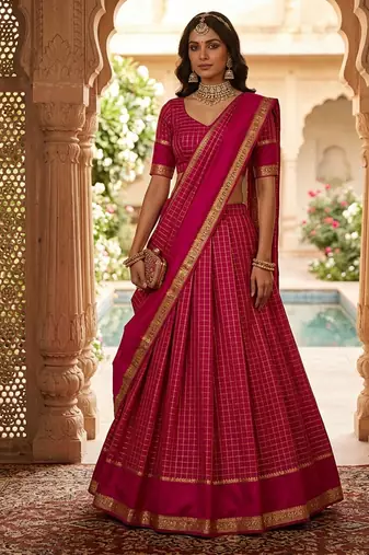 Ranipink Viscose Georgette Zari Weaving Border With all over Chex with Hand dying Lehenga Choli with Dupatta