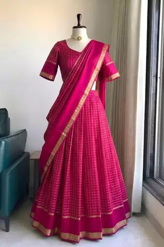 Ranipink Viscose Georgette Zari Weaving Border With all over Chex with Hand dying Lehenga Choli with Dupatta