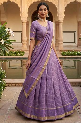 Lavender Viscose Georgette Zari Weaving Border With all over Chex with Hand dying Lehenga Choli with Dupatta