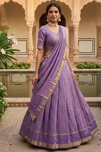 Lavender Viscose Georgette Zari Weaving Border With all over Chex with Hand dying Lehenga Choli with Dupatta