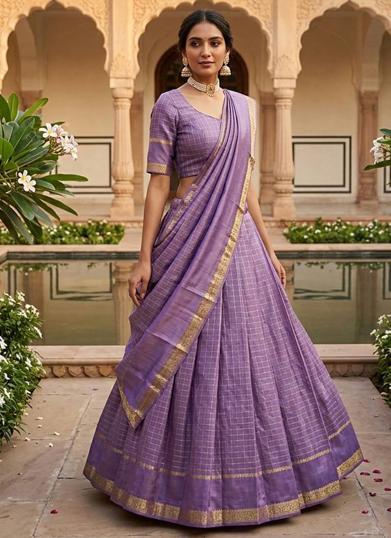 Lavender Viscose Georgette Zari Weaving Border With all over Chex with Hand dying Lehenga Choli with Dupatta