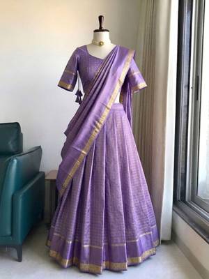 Lavender Viscose Georgette Zari Weaving Border With all over Chex with Hand dying Lehenga Choli with Dupatta 2