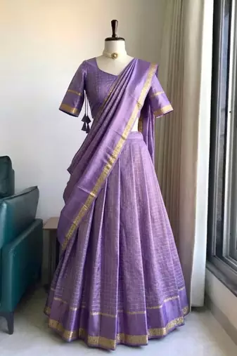 Lavender Viscose Georgette Zari Weaving Border With all over Chex with Hand dying Lehenga Choli with Dupatta