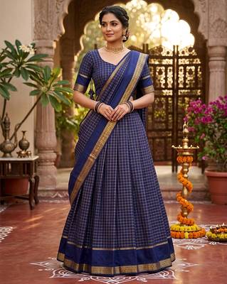 Blue Viscose Georgette Zari Weaving Border With all over Chex with Hand dying Lehenga Choli with Dupatta 1