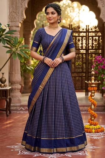 Blue Viscose Georgette Zari Weaving Border With all over Chex with Hand dying Lehenga Choli with Dupatta