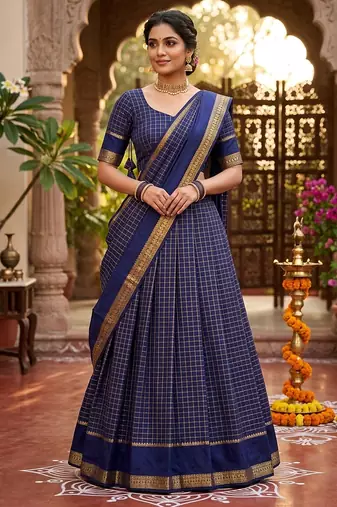 Blue Viscose Georgette Zari Weaving Border With all over Chex with Hand dying Lehenga Choli with Dupatta