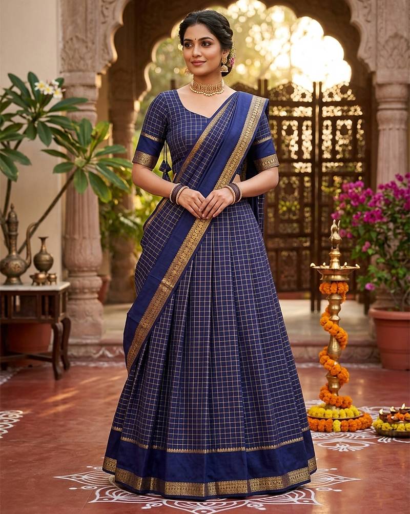Blue Viscose Georgette Zari Weaving Border With all over Chex with Hand dying Lehenga Choli with Dupatta