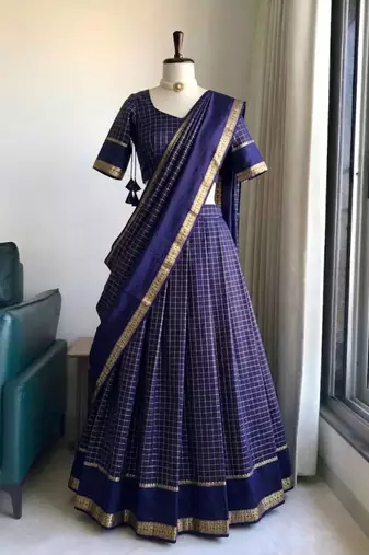 Blue Viscose Georgette Zari Weaving Border With all over Chex with Hand dying Lehenga Choli with Dupatta