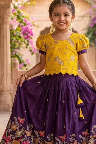 Space silk elephant mission embroidered work kids lehenga choli set
