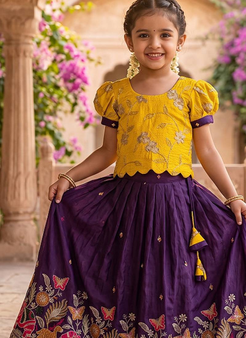 Space silk elephant mission embroidered work kids lehenga choli set