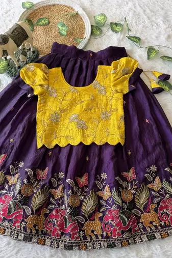 Space silk elephant mission embroidered work kids lehenga choli set
