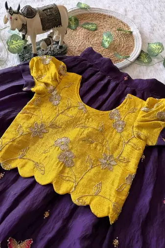 Space silk elephant mission embroidered work kids lehenga choli set