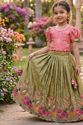 Space silk elephant mission embroidered work kids lehenga choli set