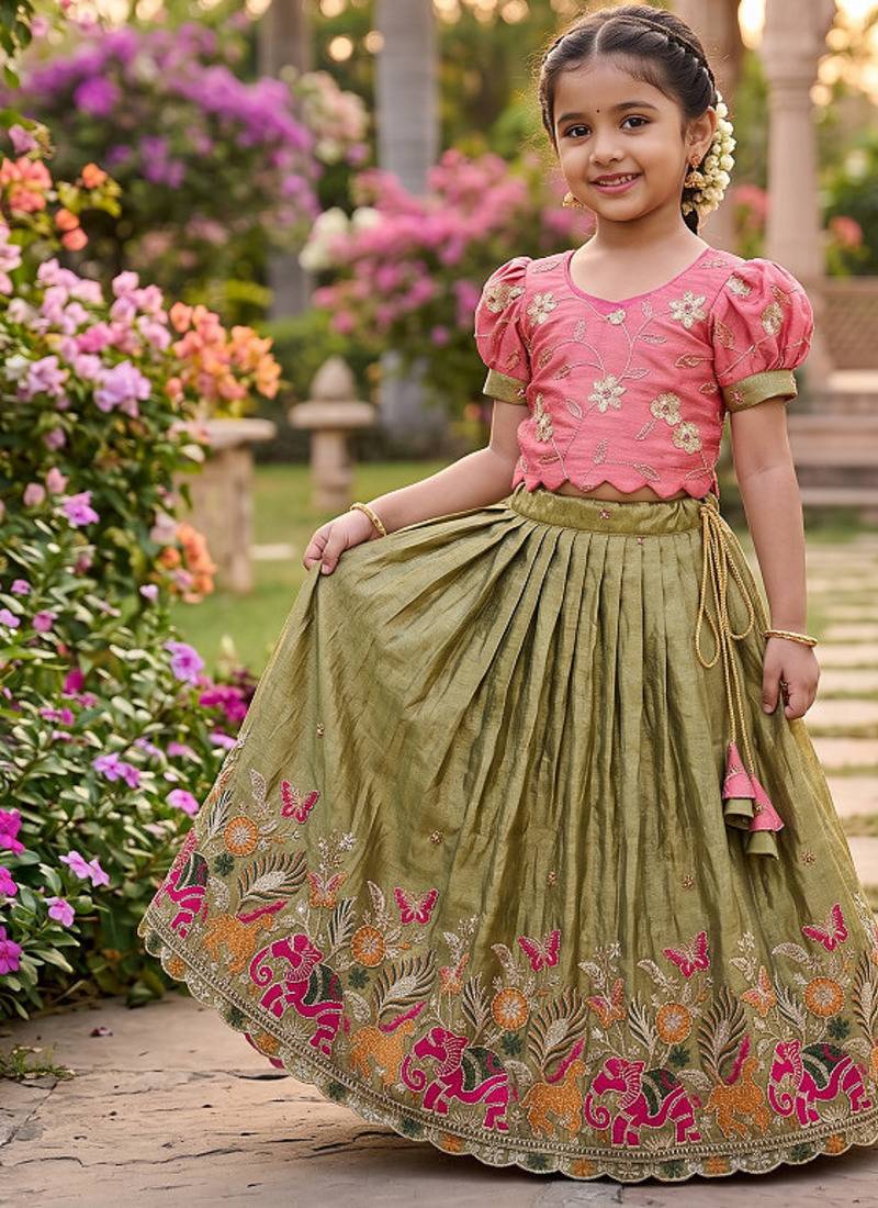 Space silk elephant mission embroidered work kids lehenga choli set