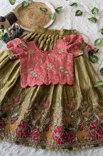 Space silk elephant mission embroidered work kids lehenga choli set