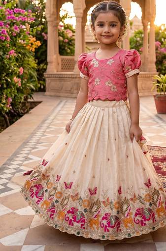 Space silk elephant mission embroidered work kids lehenga choli set