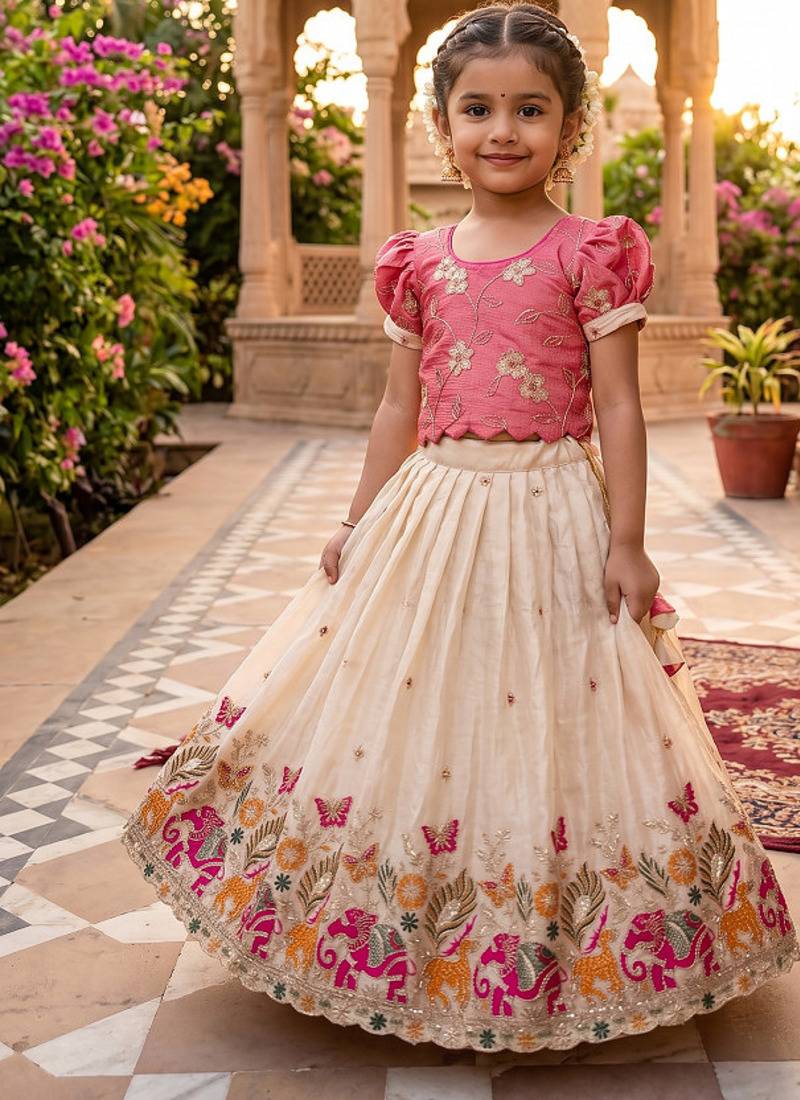 Space silk elephant mission embroidered work kids lehenga choli set