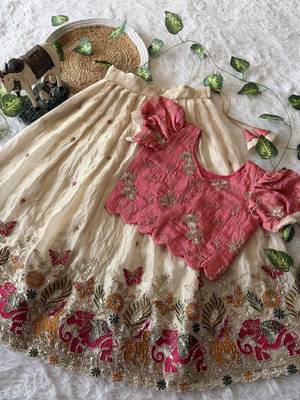 Space silk elephant mission embroidered work kids lehenga choli set 3