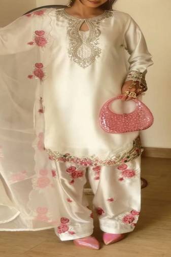 Off white embroidery  japan satin full stitched farshi salwar