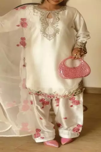 Off white embroidery  japan satin full stitched farshi salwar