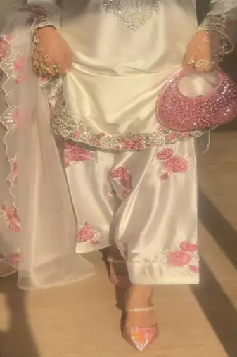Off white embroidery japan satin farshi salwar