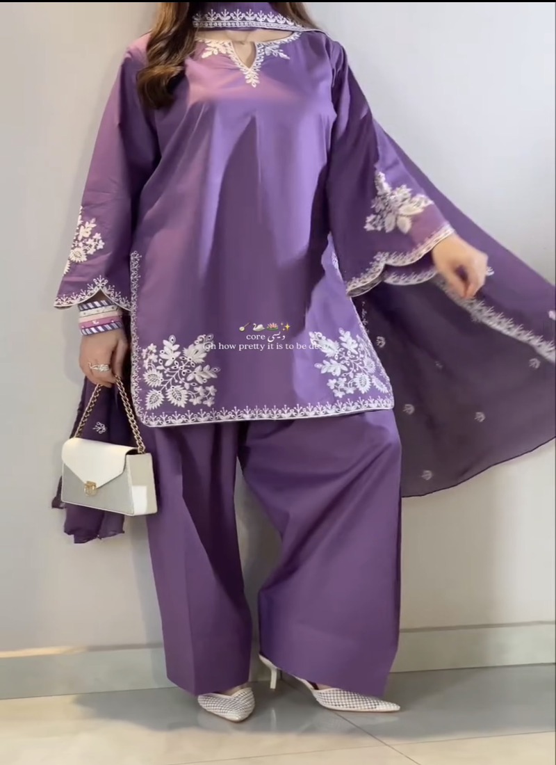 Purple embroidery crep full stitched farshi salwar