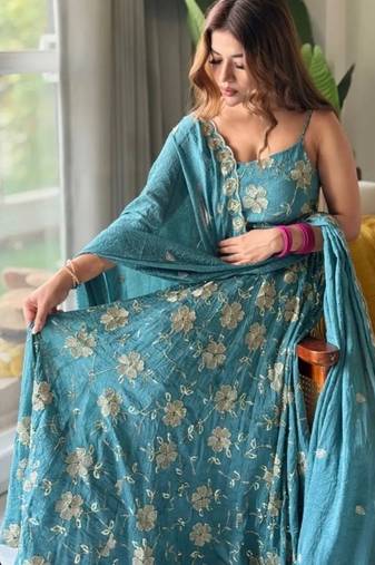 Aqua blue embroidery faux georgette full stitched anarkali suit