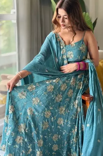 Aqua blue embroidery faux georgette full stitched anarkali suit