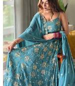Aqua blue embroidery faux georgette full stitched anarkali suit