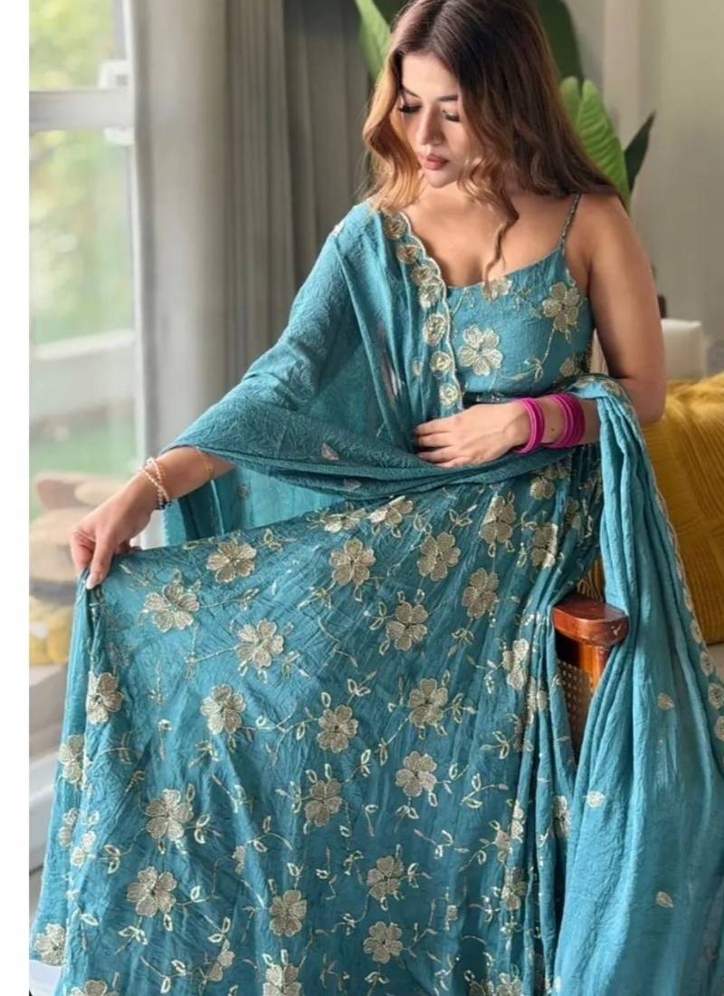 Aqua blue embroidery faux georgette full stitched anarkali suit