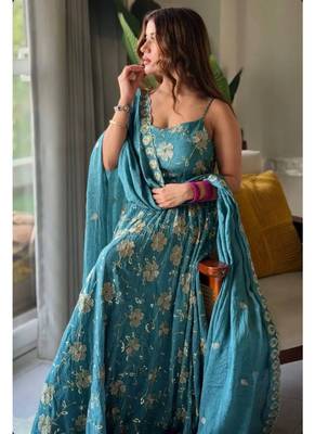 Aqua blue embroidery faux georgette anarkali suit 2