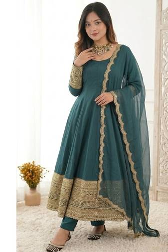 Green embroidery faux georgette full stitched anarkali suit
