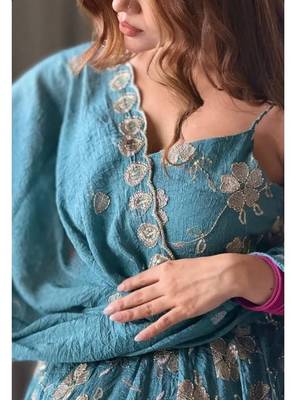 Aqua blue embroidery faux georgette anarkali suit 3