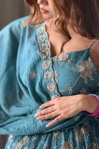 Aqua blue embroidery faux georgette anarkali suit