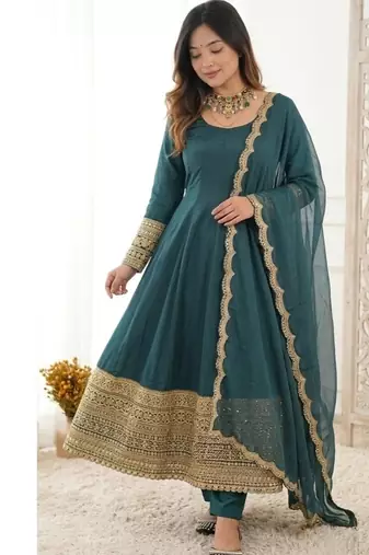 Green embroidery faux georgette anarkali suit