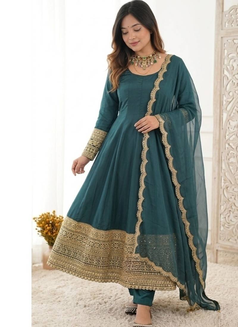 Green embroidery faux georgette full stitched anarkali suit