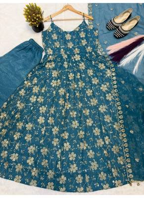 Aqua blue embroidery faux georgette anarkali suit 4