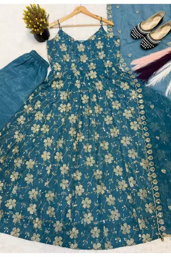 Aqua blue embroidery faux georgette anarkali suit