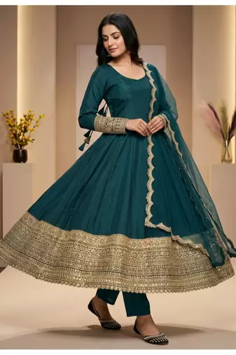 Green embroidery faux georgette anarkali suit