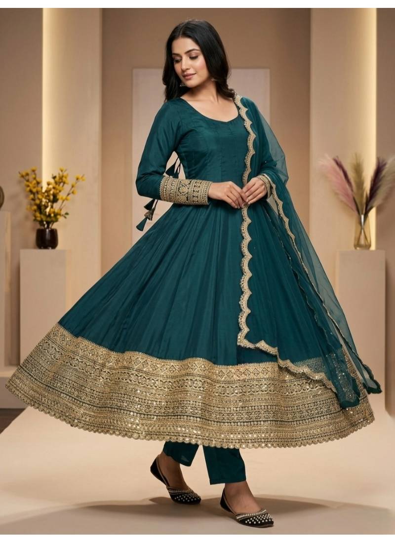 Green embroidery faux georgette full stitched anarkali suit