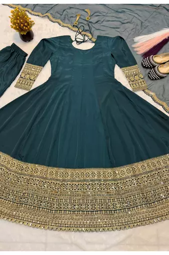 Green embroidery faux georgette anarkali suit