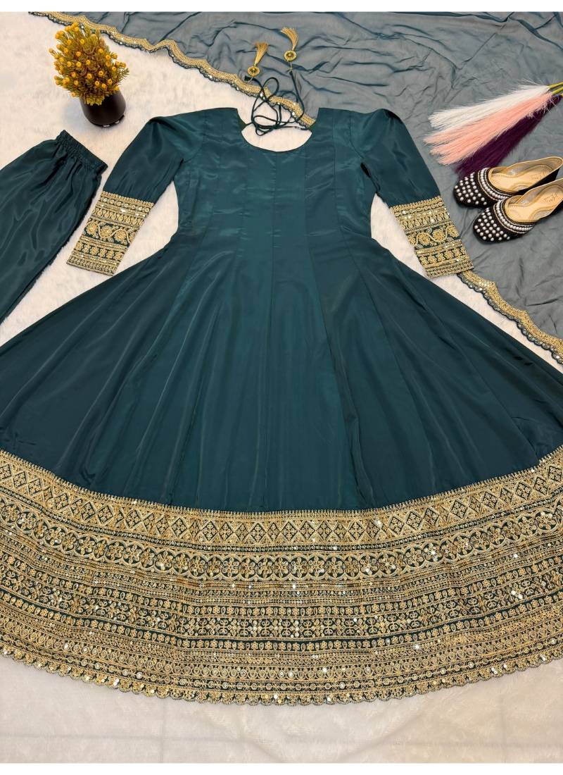 Green embroidery faux georgette full stitched anarkali suit